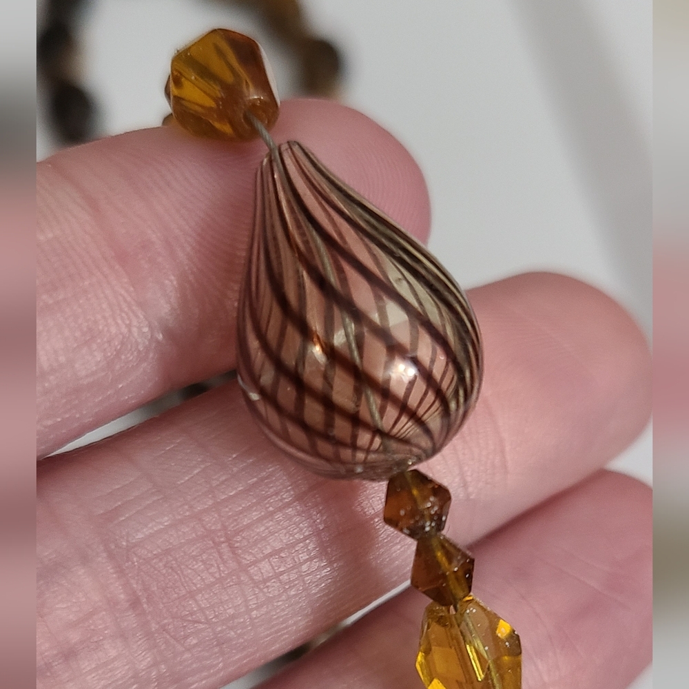Vintage 80's Murano Glass Stripe & Tigers Eye Gemstones Czech Amber Necklace Vtg - Picture 14 of 16